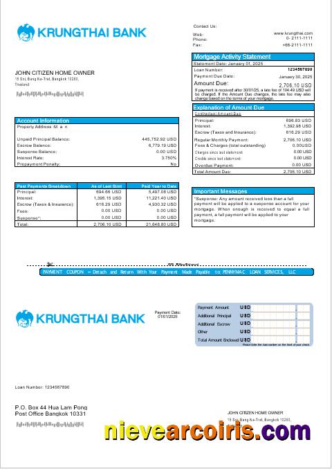 Thailand Krungthai bank  mortgage statement